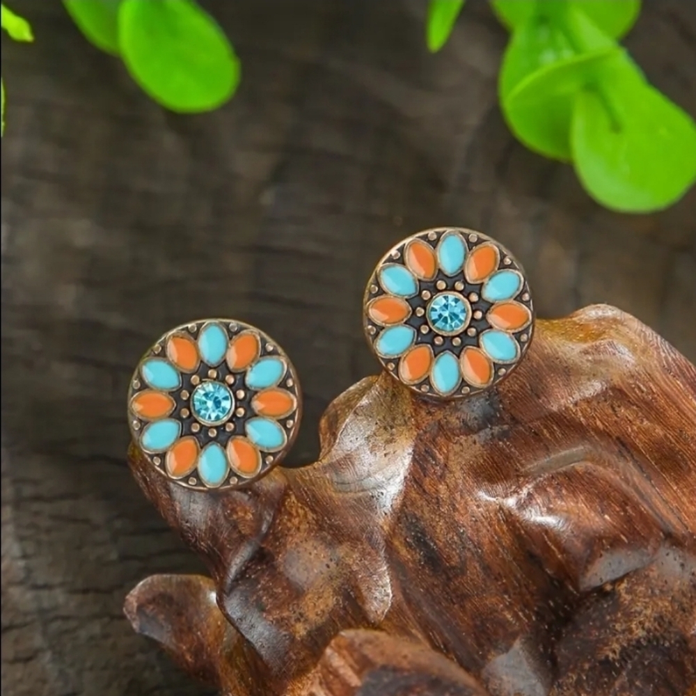Bohemian Turquoise and Orange Floral Stud Earrings.
